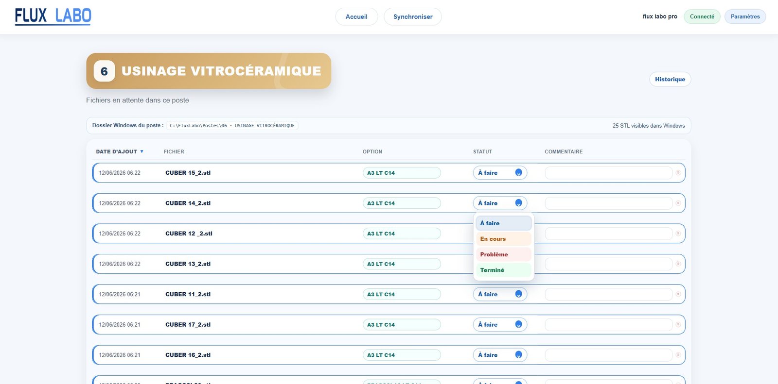 Évolution du travail Flux Labo suivi des fichiers STL et statuts de production