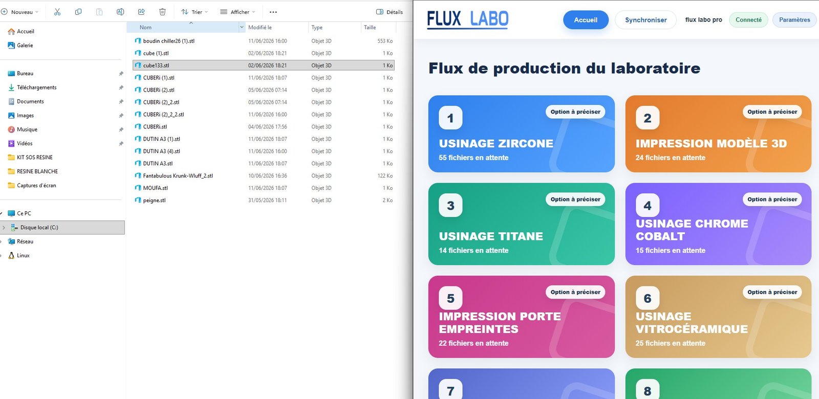 Dossier manufacturing Flux Labo pour organiser les fichiers STL de production