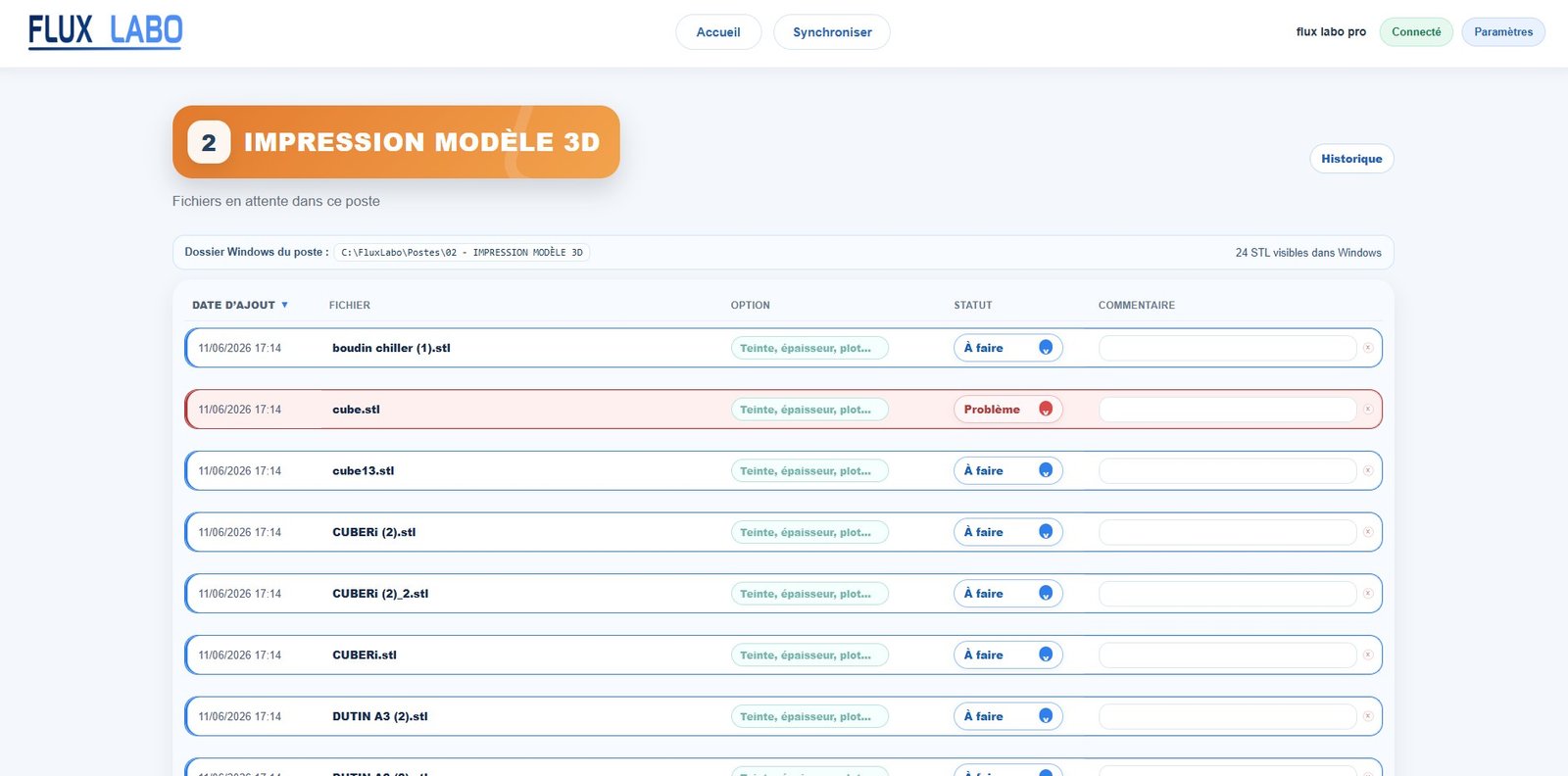 Page impression 3D Flux Labo pour suivre les fichiers STL du laboratoire